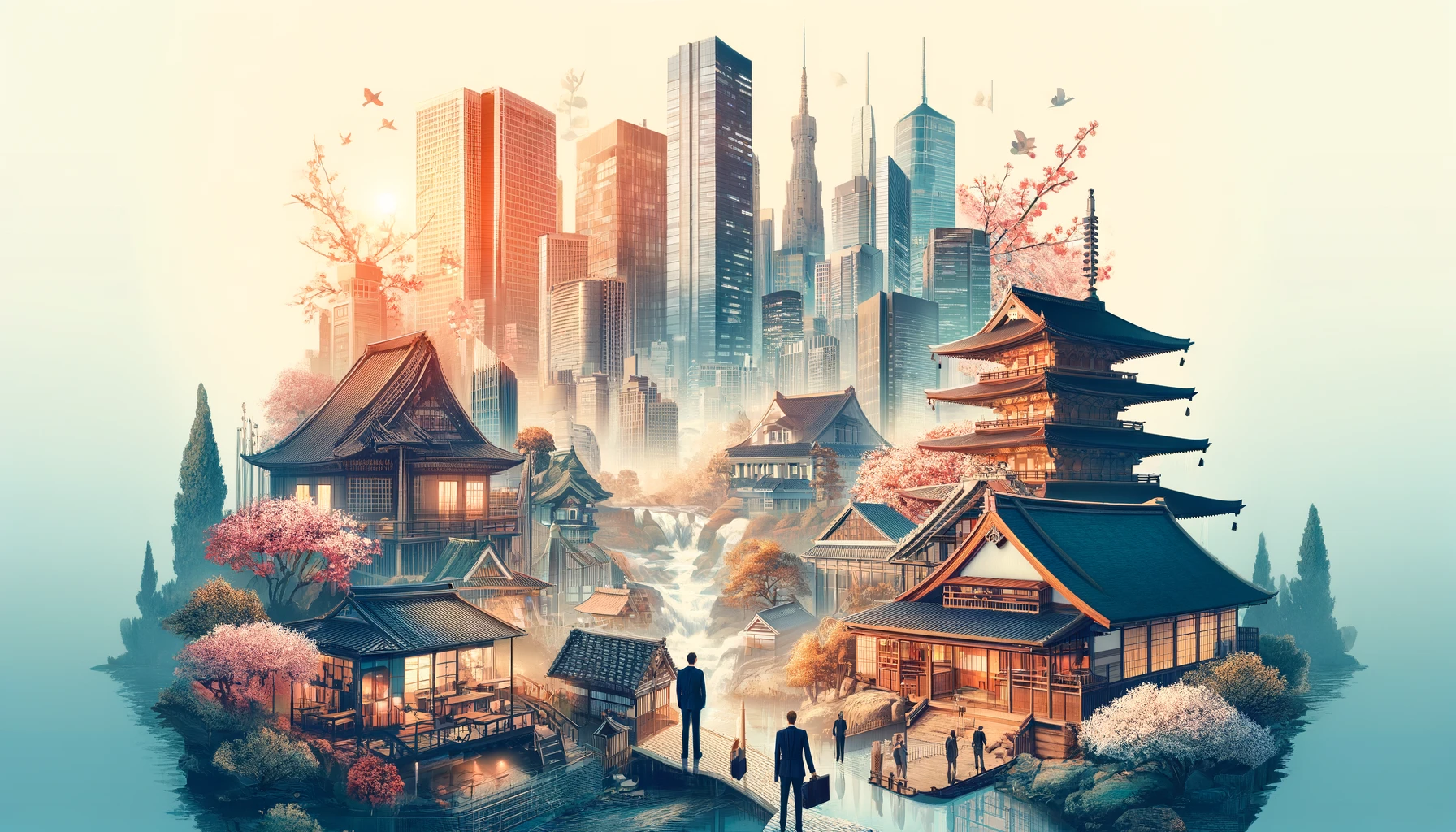 Dynamic view of Japan's urban skyline contrasted with traditional cherry blossoms and tea houses, representing the blend of modern and traditional elements for foreign entrepreneurs.
