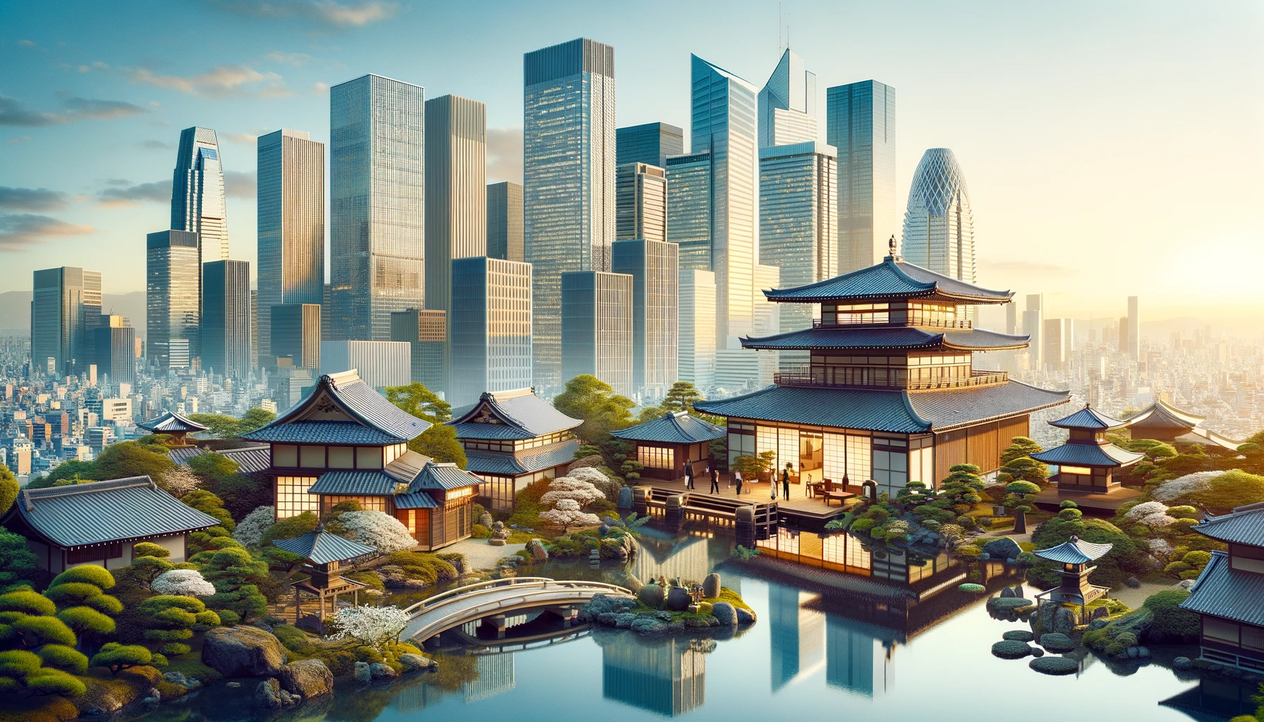 Image showing a blend of Japanese corporate skyscrapers and traditional Japanese elements, symbolizing the fusion of modern business practices with traditional culture in Japan